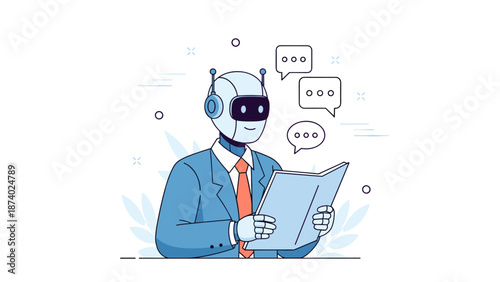 Robot in suit engaged in reading with communication symbols around