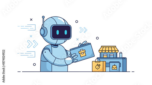 Robot delivering package to store - futuristic technology and robotics in logistics