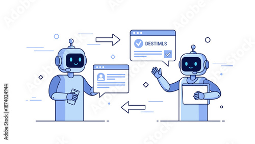 Friendly cartoon robots communicating with speech bubbles and interface screens