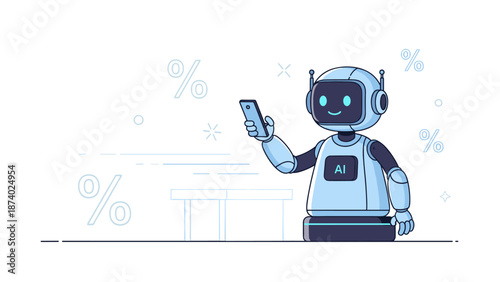 Friendly ai robot holding smartphone with percent symbols in background