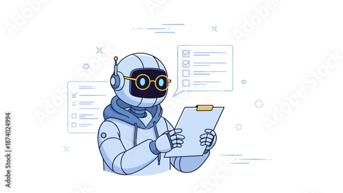 Cartoon robot with hoodie holding clipboard and checklists in background