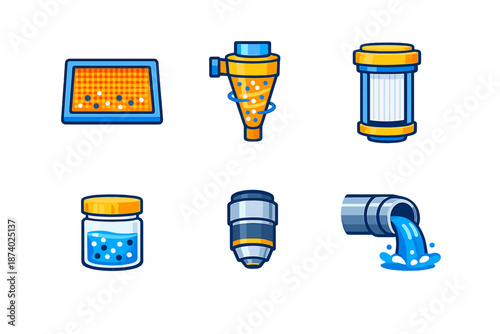 Set of icons representing water filtration and purification