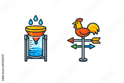 Cartoon icons of a scientific experiment and a weather vane