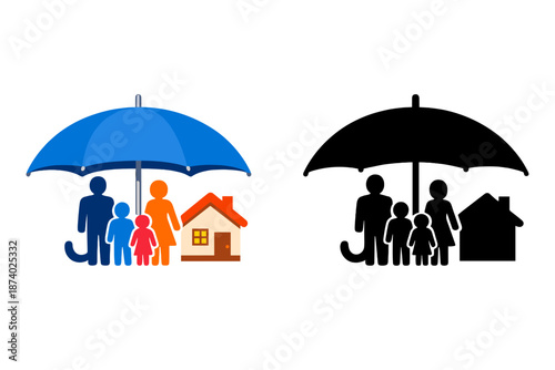 Family and house protected by umbrella