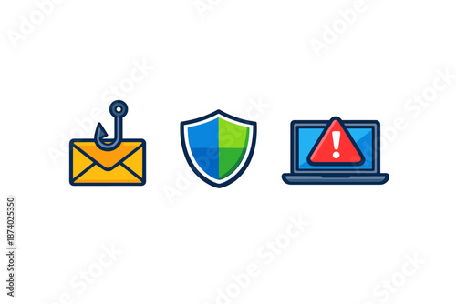 Cybersecurity icons: phishing, protection, and warning