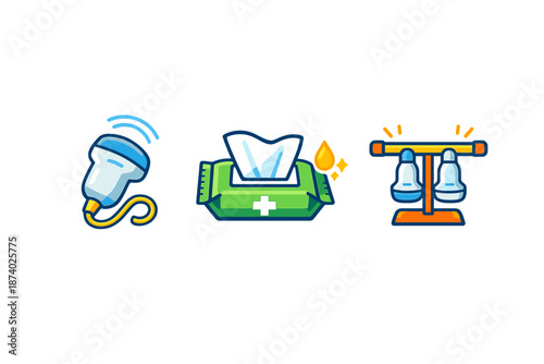 Medical icons: ultrasound probe, wet wipes, and reflex hammers