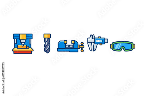 Set of machine shop tools and safety equipment icons