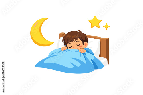 Child sleeping peacefully under the moon and stars