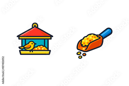 Bird feeder and scoop of birdseed icon