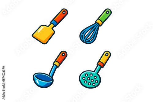 Set of cartoon kitchen utensils on a dark background