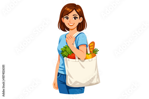 Woman with reusable grocery bag filled with fresh produce
