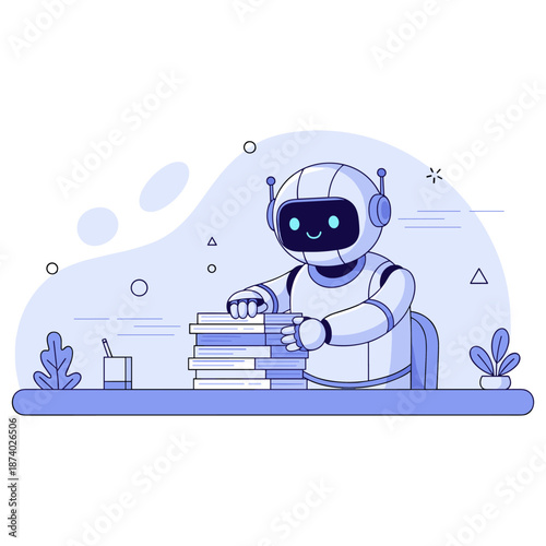 Friendly robot stacking books on desk in minimalist cartoon style