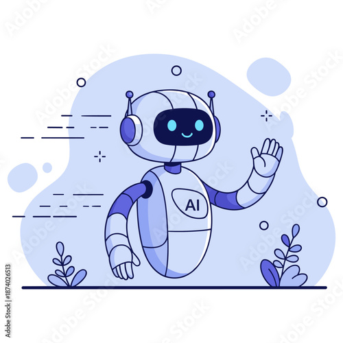 Friendly smiling ai robot waving in blue tech setting