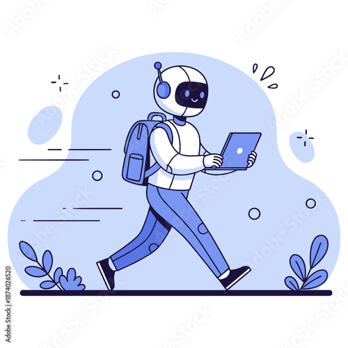 Robot with backpack walking and using laptop