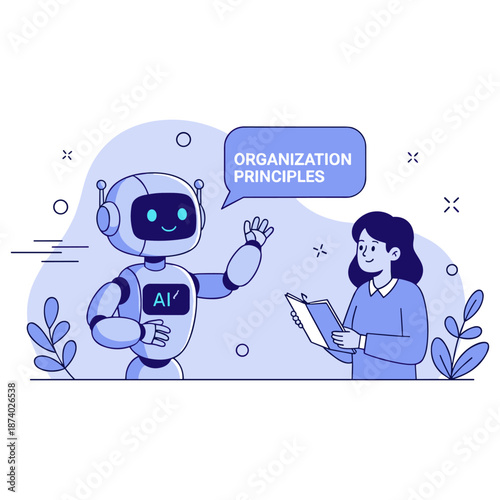 Friendly robot communicating ai organization principles with young asian female