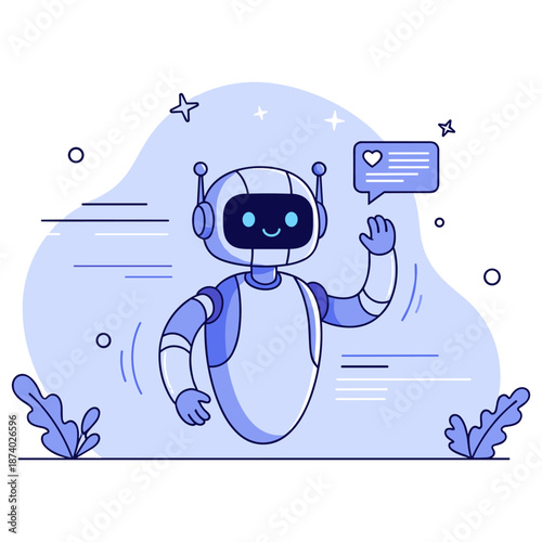 Friendly cartoon robot waving: cute blue ai character interaction