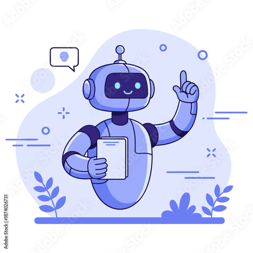 Friendly robot with clipboard in blue futuristic design