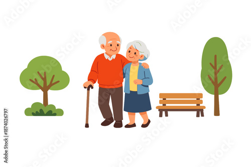 Elderly couple walking together in a park