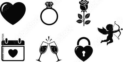 Romantic love vector silhouette icons with heart, ring, rose, calendar, champagne glasses, padlock, cupid arrow for wedding celebration design