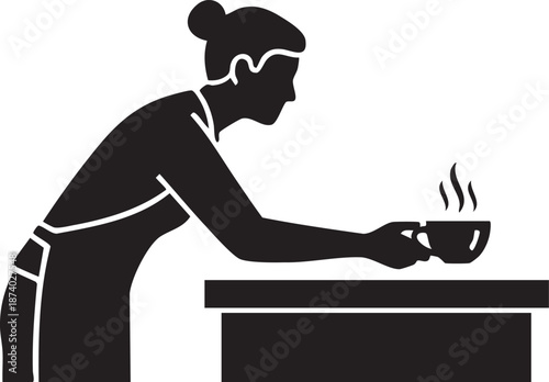 Barista leaning over counter handing over coffee cup silhouette isolated on white background minimalist cafe service illustration