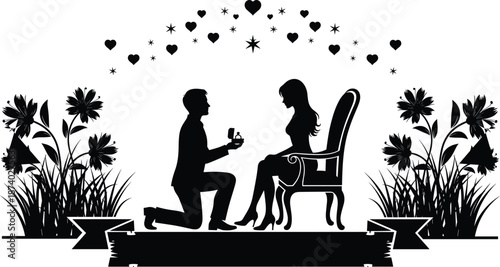 Romantic marriage proposal silhouette vector illustration with man kneeling, woman seated, ornate chair, floral decorations, hearts, stars, ribbons
