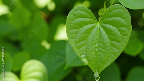 A pristine heart-shaped green leaf, vibrant and fresh, captures the essence of nature's beauty. A clear water droplet gracefully rolls down its surface, leaving a shimmering trail before dripping away