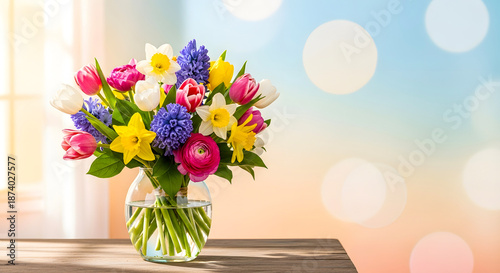 Wallpaper Mural Vibrant spring floral arrangement in clear glass vase on wooden table Torontodigital.ca