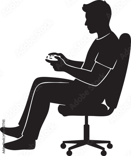 Person sitting and holding game controller silhouette isolated on white background minimalist gaming lifestyle illustration