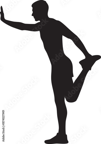 Runner leaning against wall to stretch leg silhouette isolated on white background minimalist pre workout routine illustration