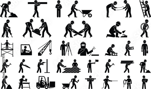 Construction worker silhouette icon set showing industrial labor activities, building tools, safety tasks, heavy equipment operation and engineering work isolated on white background