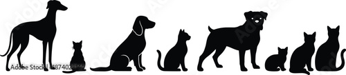 Pet animal silhouette collection featuring dogs and cats in various sitting and standing poses for veterinary, adoption, animal care and design projects isolated on white