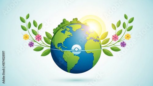 Earth with green leaves and colorful flowers on a gradient background symbolizing environmental conservation and sustainability with a bright sun