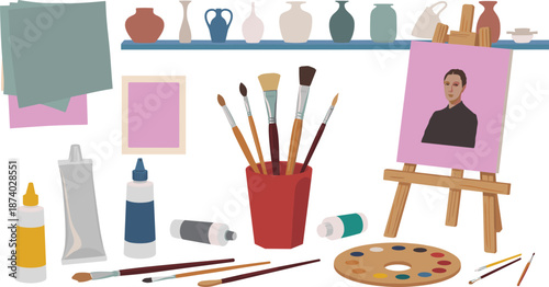 Art studio illustration with painting tools, brushes, color palette, easel portrait