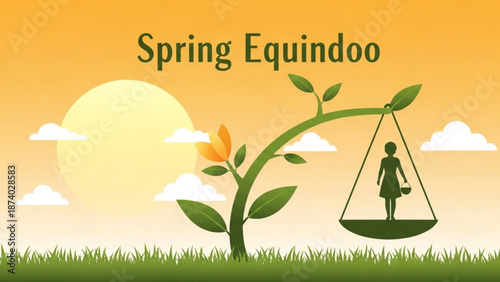 Spring equinox scene with woman on scales under blooming tree at sunset with balance and equality and growth and renewal and hope and seasonal