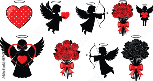 Romantic Valentine’s Day angel silhouettes with hearts, roses, halos, love arrows, and decorative elements in black and red vector design