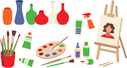 Art studio illustration with painting tools, brushes, color palette, easel portrait