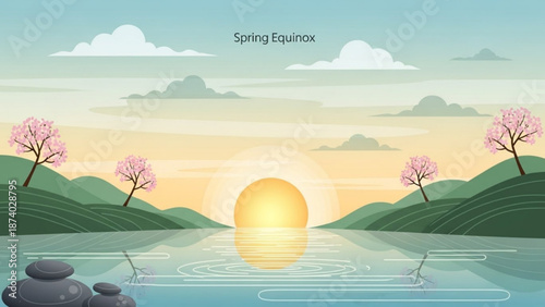 Serene spring equinox landscape with cherry blossoms and sunset over calm water with serene landscape and peaceful scene and nature and seasonal