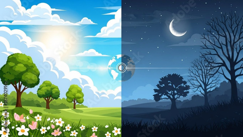 Split screen illustration of daytime and nighttime landscapes with trees and flowers with nature and environment and scene and view and outdoor