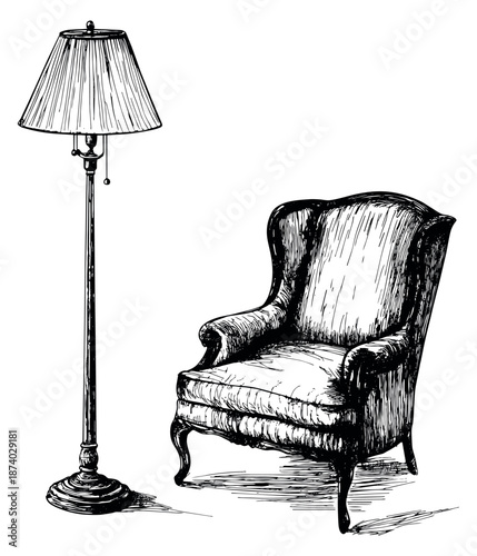 Hand drawn line art home furniture set featuring a classic armchair and a floor lamp for interior design concepts