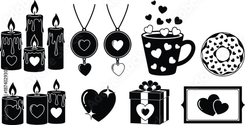 Romantic vector icons with candles, hearts, gifts, mug, donut, necklace, and framed love — perfect for Valentine’s Day designs