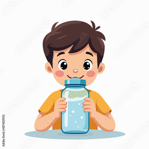 A cartoon boy drinking water from a reusable bottle. Child hydration and healthy habits concept. Flat design character graphic
