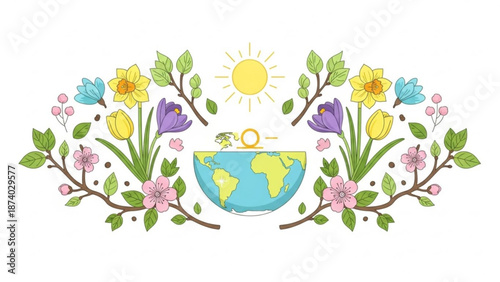 Vibrant floral wreath with blooming flowers surrounds the earth and sun symbolizing spring growth and global harmony with spring flowers and ecological