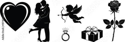 Romantic vector illustration with heart, couple kissing, cupid, engagement ring, rose flower, and gift box for Valentine’s Day celebration design