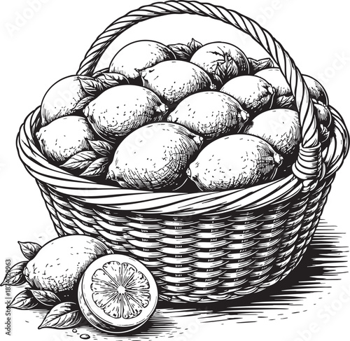 Lemon basket linocut etching illustration citrus fruit harvest wicker basket black and white engraving artwork for packaging labels and retro food branding