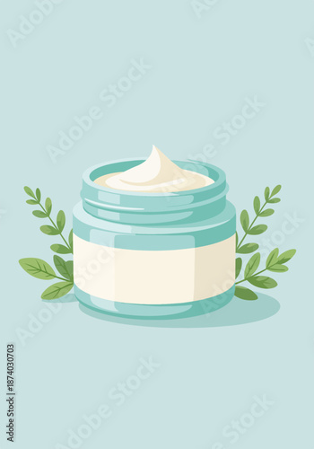Handmade herbal ointment pot with green leaves. Organic skincare cream in jar. Flat design cosmetic icon