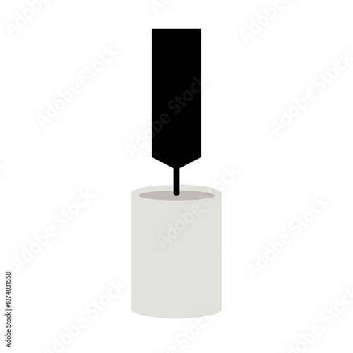 A minimalist illustration of a black nail polish bottle with a white base and black cap.