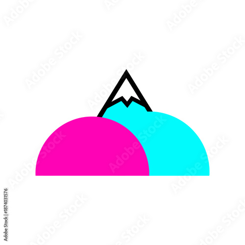 Stylized graphic of a mountain peak rising above two colorful, rounded hills, on a white background.