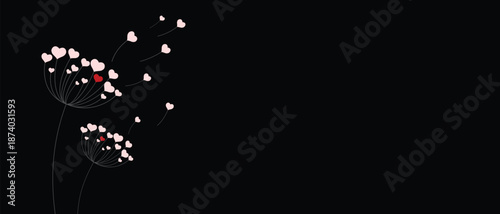 Dandelion with hearts. Happy Valentine's day greeting card. Lovely romance flower. Congratulation with Love. Valentine's day Vector illustration background.