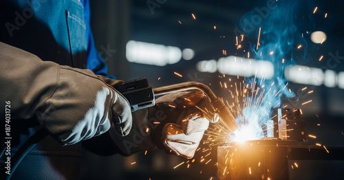 A realistic macro close-up captures a welder's gloved hands generating bright sparks from an intense electric arc in a dark industrial setting.