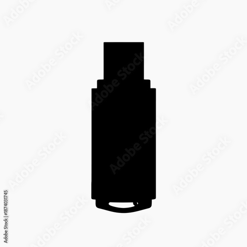 A simple black silhouette of a USB flash drive on a white background, representing digital storage and data transfer.